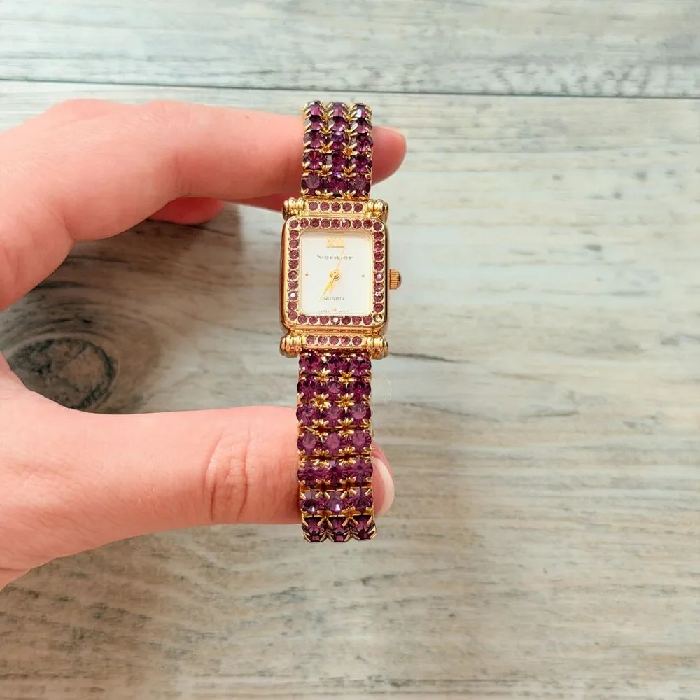 Vintage Vernier Purple Rhinestone Gold Bracelet Watch Y2K Glam Crystal Jewelry